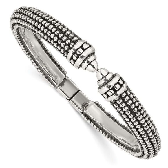 Kazi Luxury Sterling Silver Polished and Antiqued Beaded Hinged Bangle Bracelet